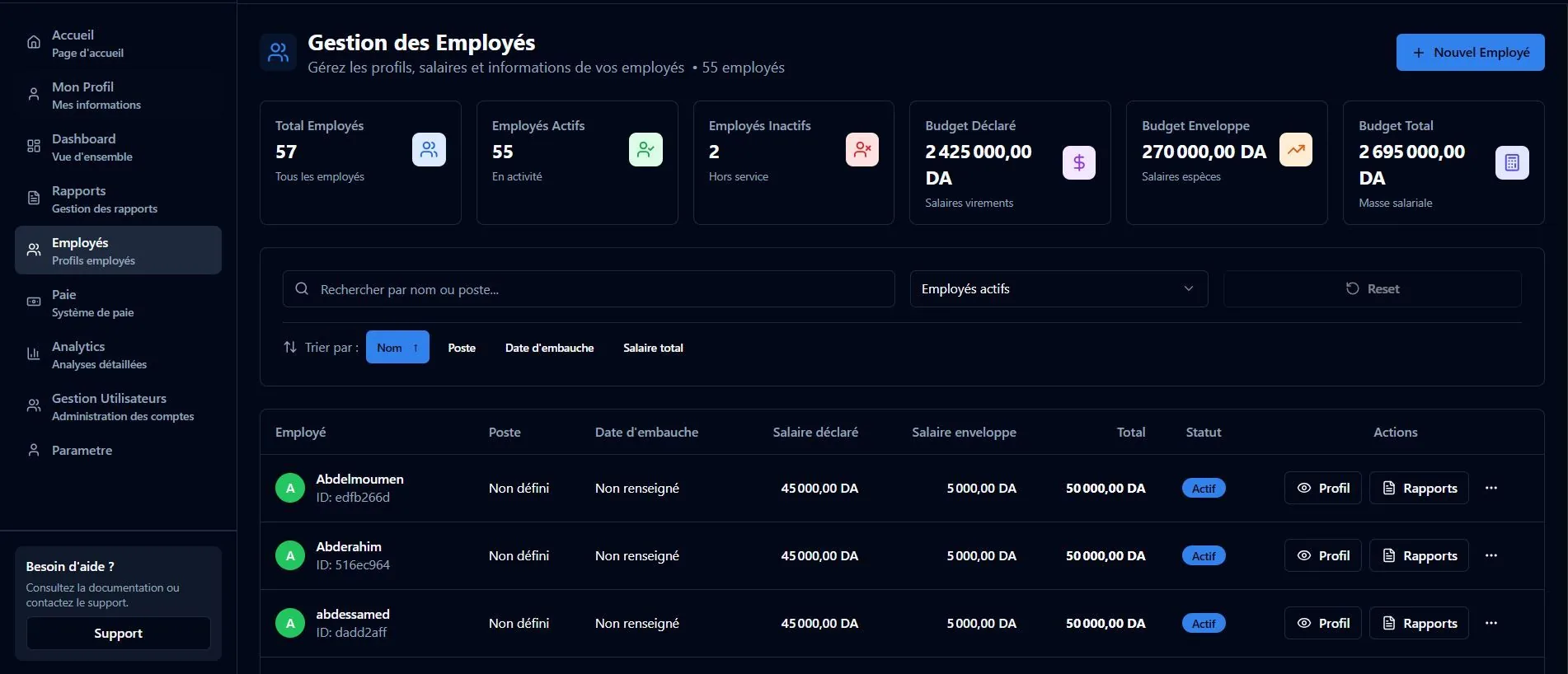 Gestion des employés dans la plateforme RH