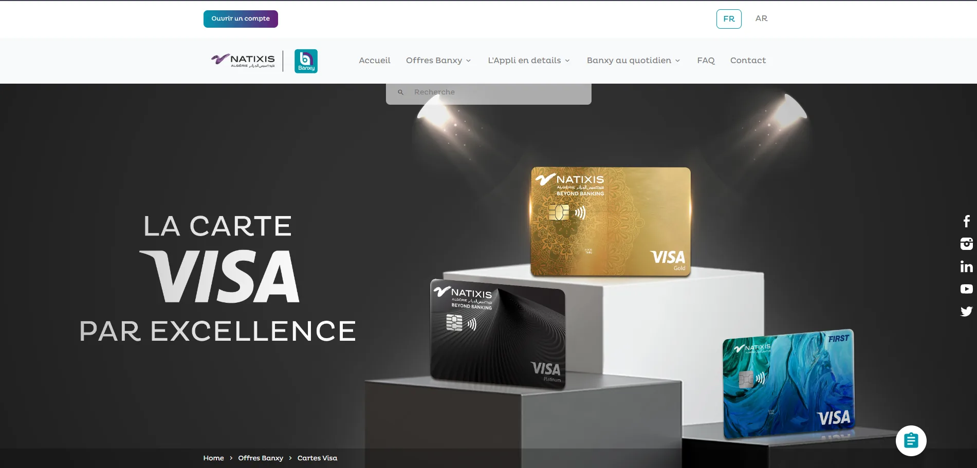 Page de présentation de la carte Visa sur le site Banxy