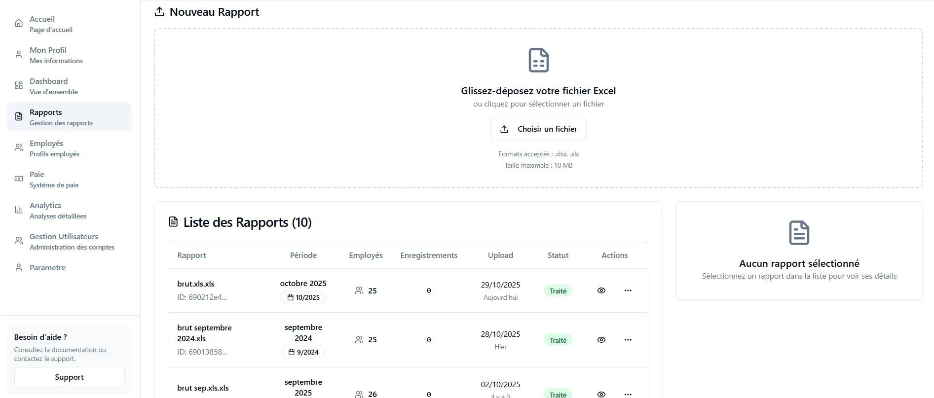 Import de rapports Excel